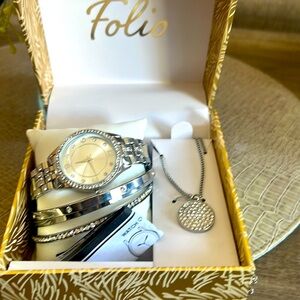 New with box silver watch 38mm matching silver necklace and three bangles